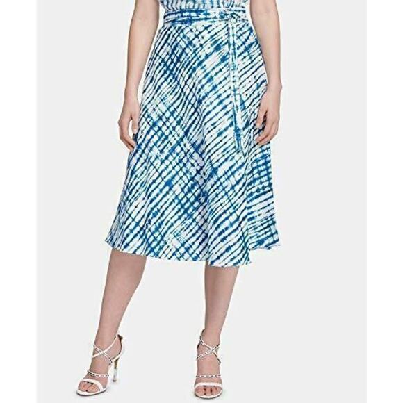 DKNY Linen Blue Tie Dye Print Belted A-Line Coastal Midi Skirt Size 2 NWT - Picture 1 of 9
